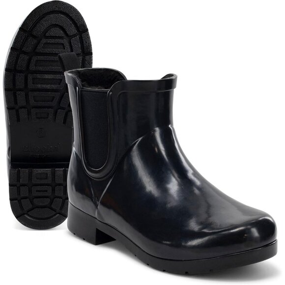 Women’s Waterproof Plush Lined Slip On Rain Ankle Slim Chelsea Black Boots - Picture 7 of 8